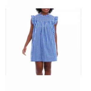 Crown & Ivy Women Dress Size L Gingham Blue White Smock Neck Flare Short Sleeves